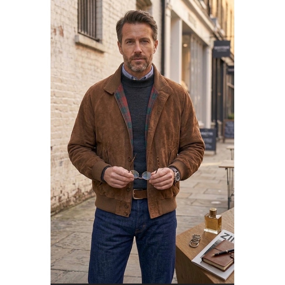 Neil Martin Vintage cognacBrown Suede Leather Bomber Jacket Plaid Lined Mens LG